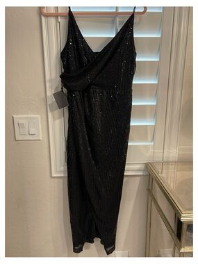 Black Sequin Midi Dress with Draped Bodice